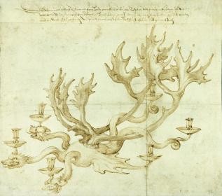 Albrecht Dürer; Entwurf für einen Drachenleuchter mit Elchgeweih; 1521/22; Feder in Braun, laviert