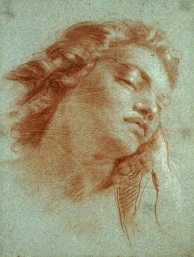 Zur Seite geneigter Kopf einer jungen Frau mit halb geschlossenen Augen; 1752; Rote u. weiße Kreide auf blauem Papier; © Städtische Wessenberg-Galerie Konstanz
