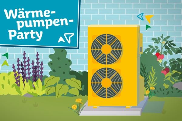 Zeichnung einer gelben Wärmepumpe auf einer Wiese. Dahinter Pflanzen und Blumen und eine blaue Backsteinwand mit dem Schild "Wärmepumen-Party"