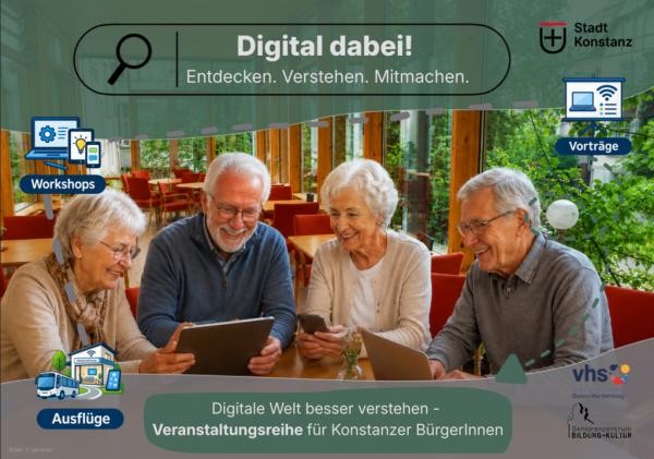 Copyright Stadt Konstanz Flyer, darauf zu sehen ein Foto, welches 4 SeniorInnen zeigt, die in Handy, Smartphone und Laptop blicken. Gerahmt ist der Flyer von einer grünen und grauen Sillhouette und Veranstaltungsinformationen