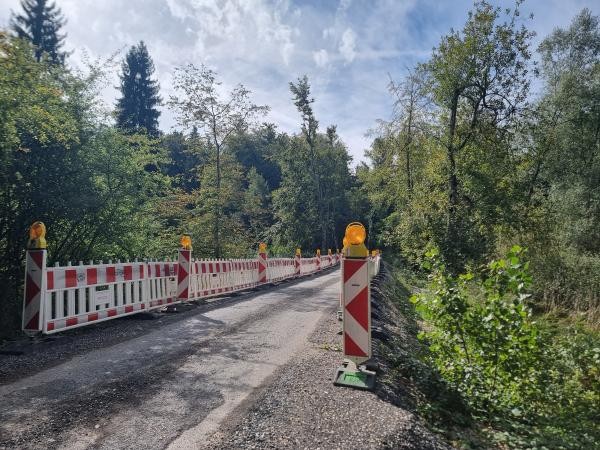 Straße durch einen Wald mit rot-weißen-Baustellenabsperrungen links und rechts des Weges