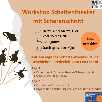 Werbeplakat für Workshop Schattentheater mit Scherenschnitt