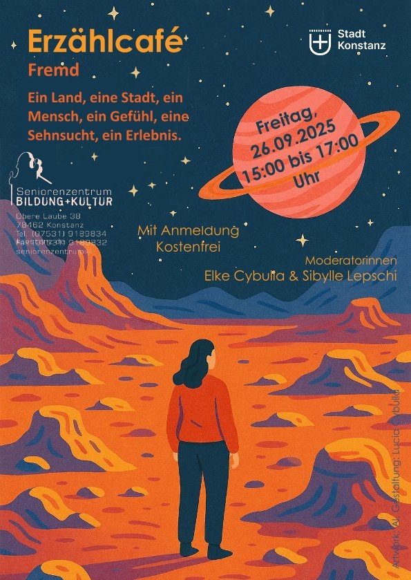 Plakat zur Veranstaltung zeigt Illustration einer Frau auf einer Marslandschaft