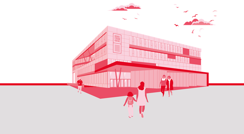 Grafik eines Flachdachgebäudes mit Menschen, die darauf zulaufen