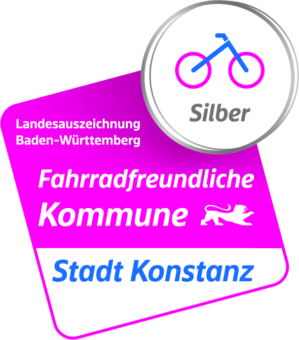 Logo mit Text: Landesauszeichnung Baden-Württemberg. Fahrradfreundliche Kommune Silber. Stadt Konstanz"