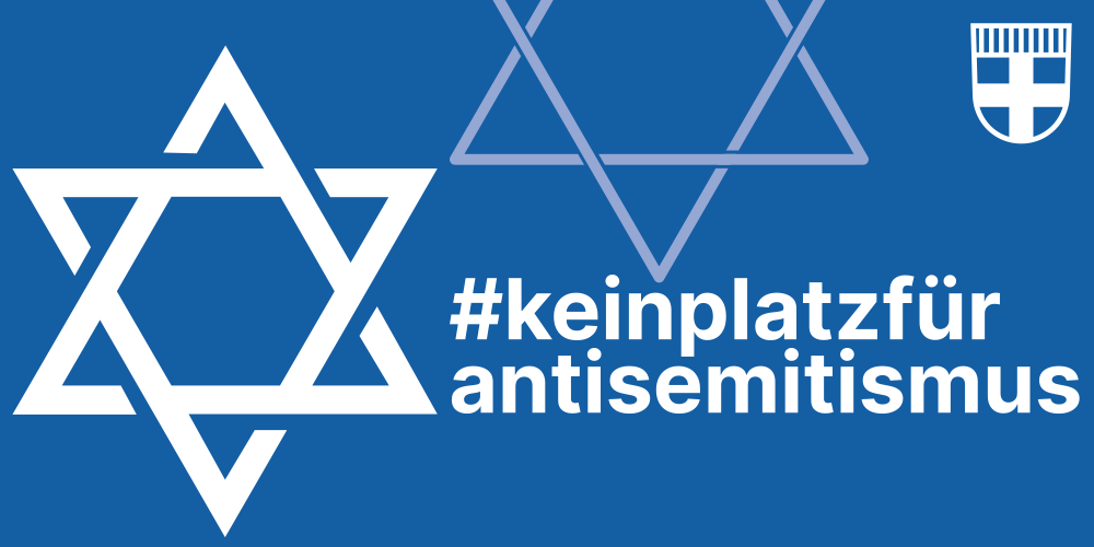 Blauer Banner mit weißen Davidsternen und den Hashtag kein Platz für Antisemitismus
