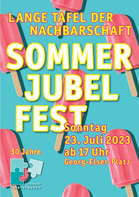 Plakat zum Sommerjubelfest mit türkisem Hintergrund und rotem Stieleis