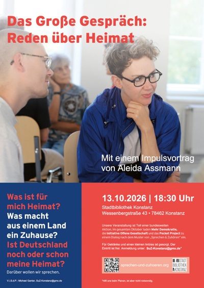 Werbeplakat für die Veranstaltung Das große Gespräch: Reden über Heimat; dargestellt sind mehrere Personen im Gespräch