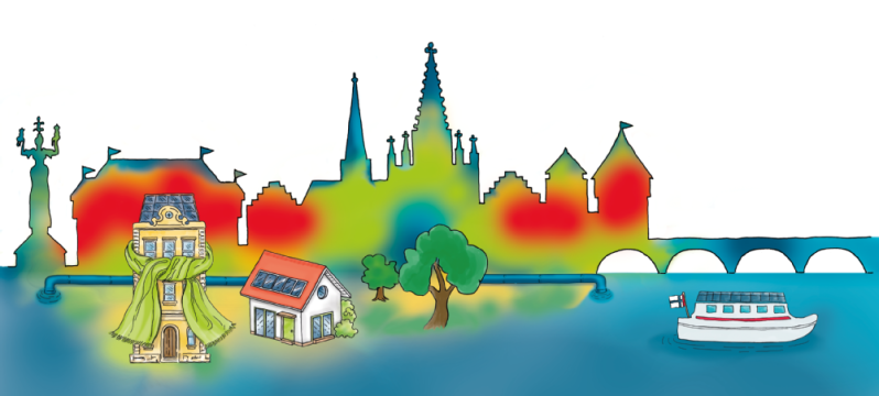 Illustration der Konstanzer Skyline, die in der Art einer Wärmebildkamera in Grün-, Rot- und Blautönen eingefärbt ist. Im Vordergrund zwei gezeichnete Häuser mit Photovoltaik auf dem Dach, zwei Bäume und eine Solarfähre.