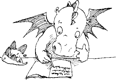 Schwarz-Weiß-Zeichnung eines Drachen, der in ein Buch schreibt