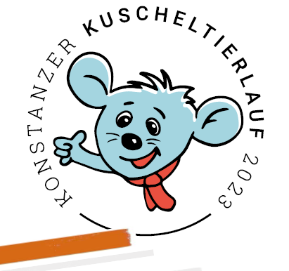 Illustration einer Maus, die den Daumen hochhält, um sie herum Text: Konstanzer Kuscheltierlauf 2023.