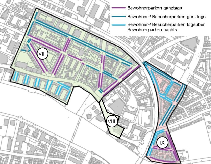 Stadtkarte mit bunt eingezeichneten Straßenzügen zur im Text erwähnten Unterteilung