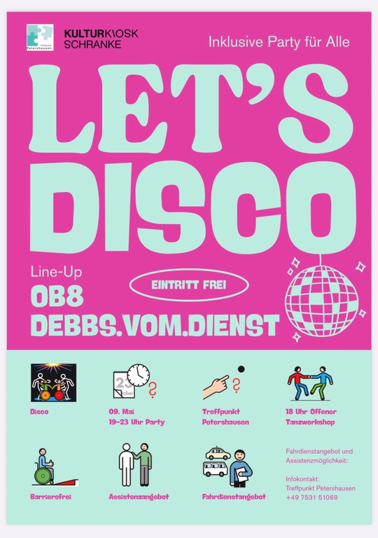 Am Samstag, den 9. Mai feiert der Treffpunkt Petershausen gemeinsam mit dem Kulturkiosk Schranke e.V. eine inklusive Party für alle! Menschen, egal welchen Alters, welcher Herkunft, mit und ohne Behinderung, alle sind herzlich willkommen! Von 18 bis 19 Uhr bietet die Tänzerin Laura einen Workshop für alle Interessierten an, um sich ein bisschen "einzugrooven". Von 19 bis 23 Uhr ist dann Partytime! Die DJs OB8 und DEBBS.VOM.DIENST legen Platten auf. Der Eintritt ist frei. Getränke verkauft der Kiosk. Der Treffpunkt ist barrierefrei. Wer einen Fahrdienst oder eine Assistenz benötigt, kann sich bis Freitag 17 Uhr noch im Treffpunkt melden. Die Telefonnummer lautet: 0753151069             