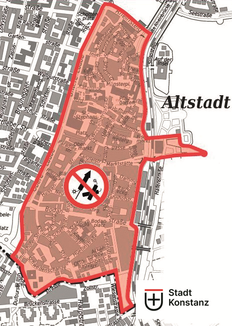 rot eingefärbter Geltungsbereich auf Stadtkarte