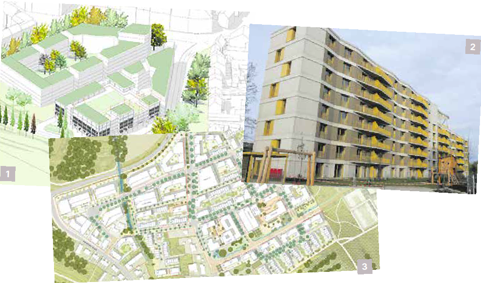 Drei Abbildungen zur Stadtentwicklung: (1) Architekturvisualisierung einer Wohnanlage mit Grünflächen und Bäumen in der Vogelperspektive. (2) Foto eines mehrgeschossigen Wohngebäudes mit gelben Balkonelementen und einem Spielplatz im Vordergrund. (3) Städtebaulicher Lageplan eines Wohnquartiers mit Straßen, Gebäuden und Grünflächen.