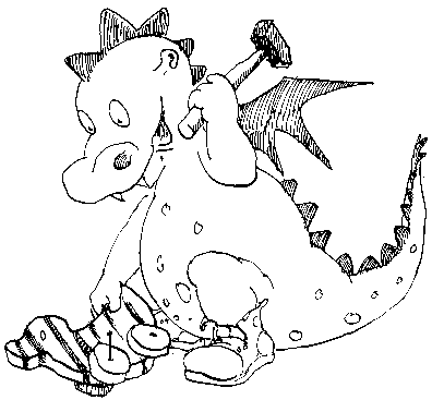 Schwarz-weiß-Zeichnung eines Drachen, der mit einem Hammer eine Tigerente repariert