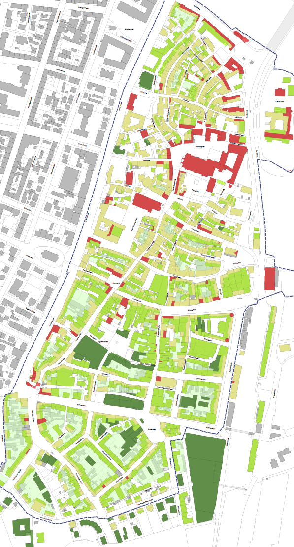 Stadtplan der Konstanzer Altstadt mit rot, gelb oder in Grüntönen eingefärbten Dachflächen