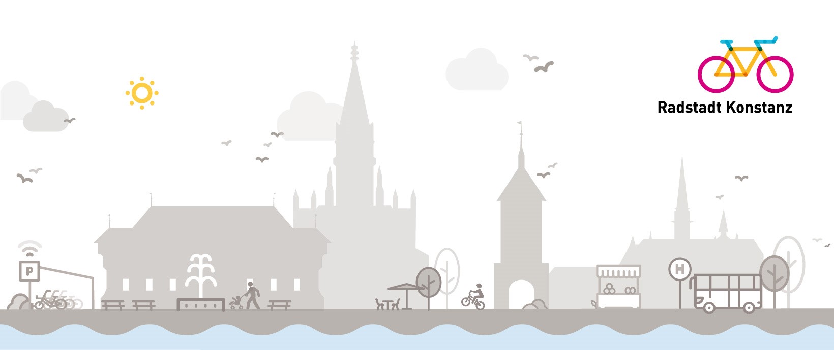 Grafik der Konstanzer Skyline mit Mobilitätssymbolen und dem Logo der Radstadt Konstanz