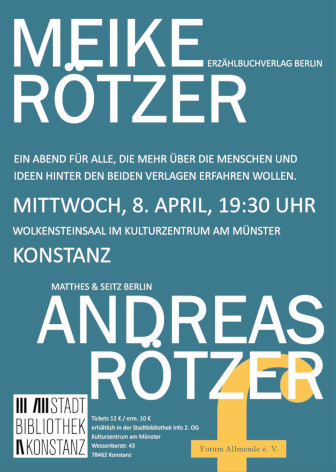 Plakat mit weißer Schrift auf blauem Grund und Informationen zu Veranstaltung darauf