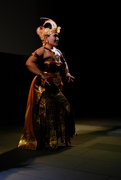 Eine Frau in traditioneller Kleidung tanzt auf einer beleuchteten Bühne.