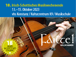 Veranstaltungsplakat mit Text: "18. Irisch-schottisches Musikwochenende, 13 - 15. Oktober 2023, vhs Konstanz, Kulturzentrum K9, Musikschule:"