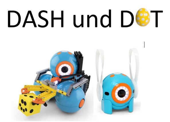 Bild von zwei kleinen, runden Robotern und Text "Dash und Dot"