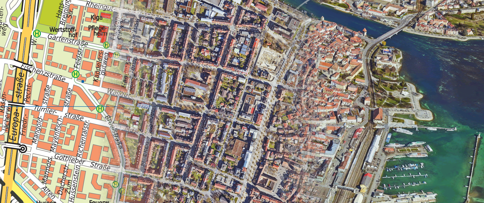 Konstanzer Altstadt und Paradies im Verlauf dargestellt mit dem Stadtplan, Orthobild und 3D-Stadtmodell