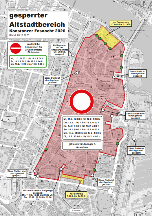 Auf dem Bild zu sehen ist der Sperrstellenplan für die Konstanzer Fasnacht 2026 mit rot markiertem gesperrten Altstadtbereich auf einem Stadtplan. Der Plan zeigt die Sperrzeiten für zusätzliche Sperrstellen, Absperrungen im Kreuzlinger Tor sowie Zugangsregelungen für Anlieger und Anwohner. Mehrere Straßen sind mit Sperrzeiten gekennzeichnet, und ein großes Verkehrsverbotszeichen markiert das Zentrum der Sperrzone.