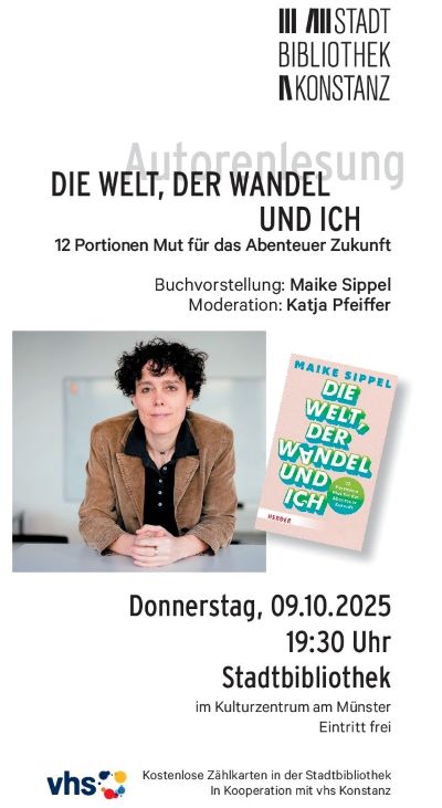 Porträt von Prof. Maike Sippel und Cover des Buches "Die Welt, der Wandel und ich"