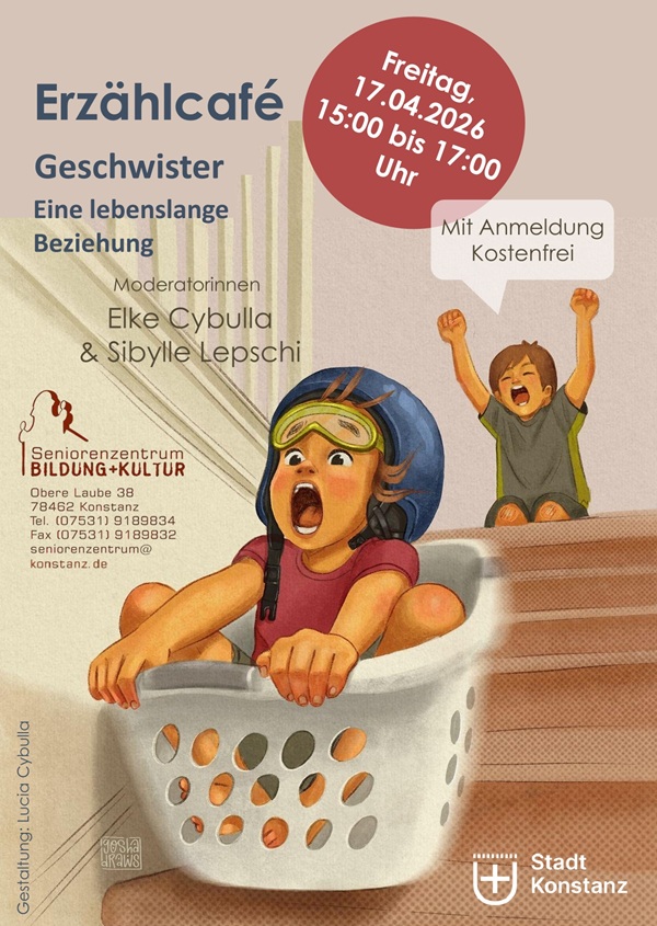 Veranstaltungsplakat zum Erzählcafé. Zeichnnug zweier Kinder an einer Treppe, eines rutscht die Treppe im Wäschekorb hinunter.