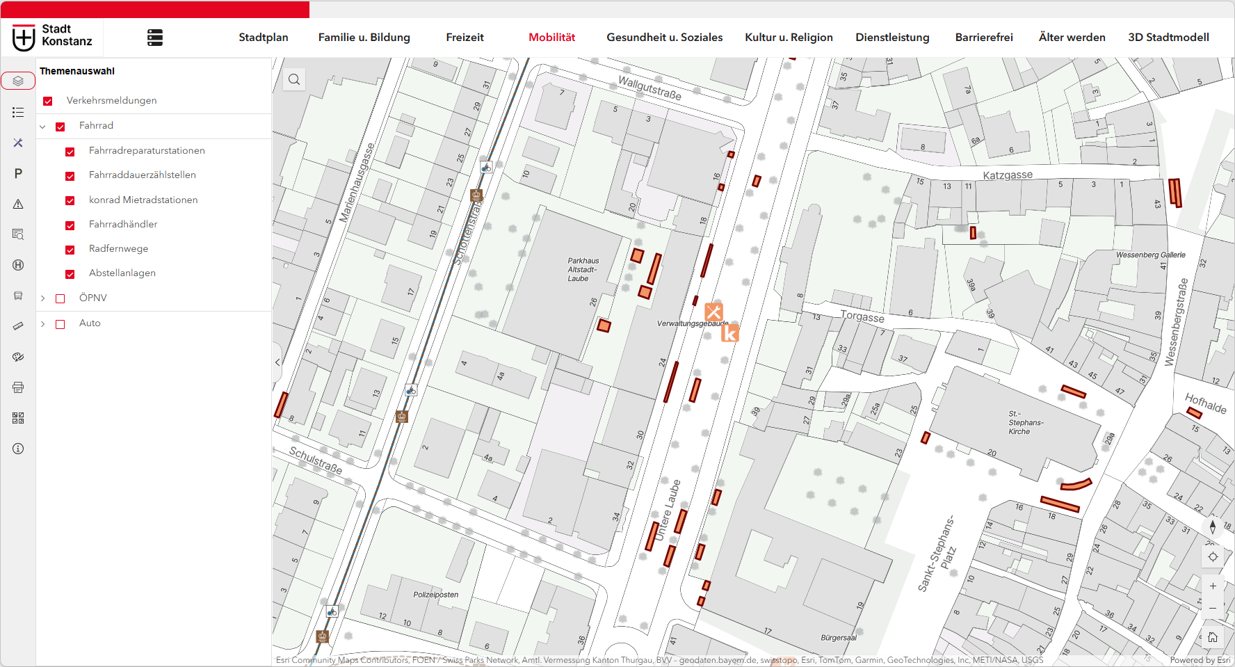 Abb. 1: Online-Stadtplan mit aktivem Thema Mobilität/ Fahrrad