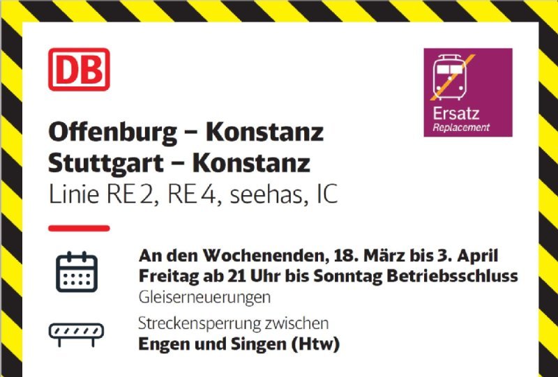 Screenshot des Infoflyers mit der Verbindung und dem Datum: Offenburg - Konstanz und zwischen Stuttgart - Offenburg; 19.3. bis 7.4. und 19.3. bis 3.4.