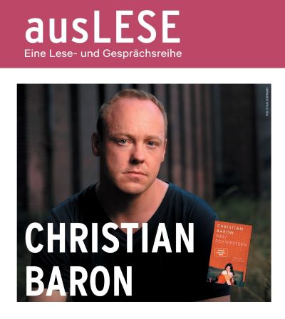 Foto von Christian Baron und Cover seines Romans "Drei Schwestern"